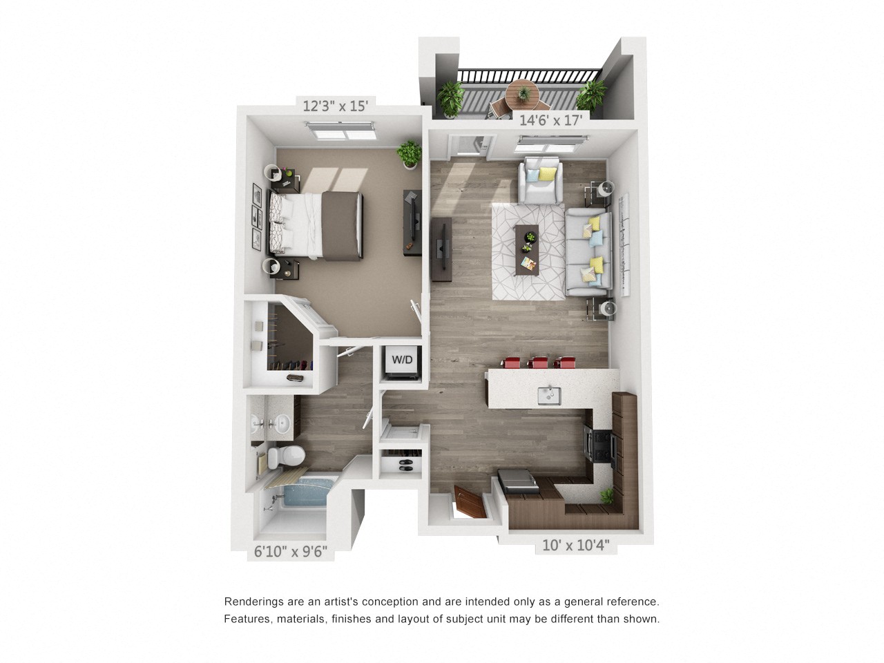 Rendering of the City Creek floor plan with 1 bedroom[s] and 1 bathroom[s] at 4th West
