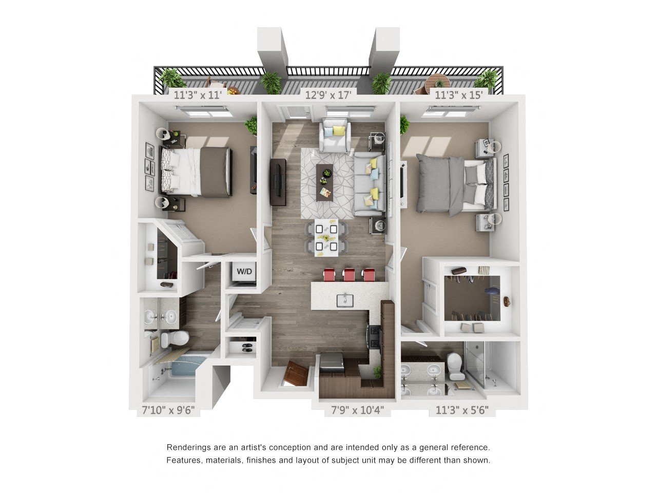 Rendering of the Bonneville floor plan with 2 bedroom[s] and 2 bathroom[s] at 4th West