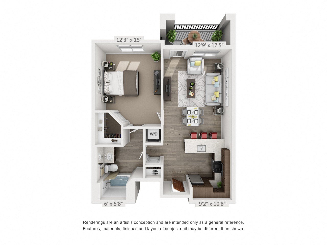 Rendering of the Silver floor plan with 1 bedroom[s] and 1 bathroom[s] at 4th West