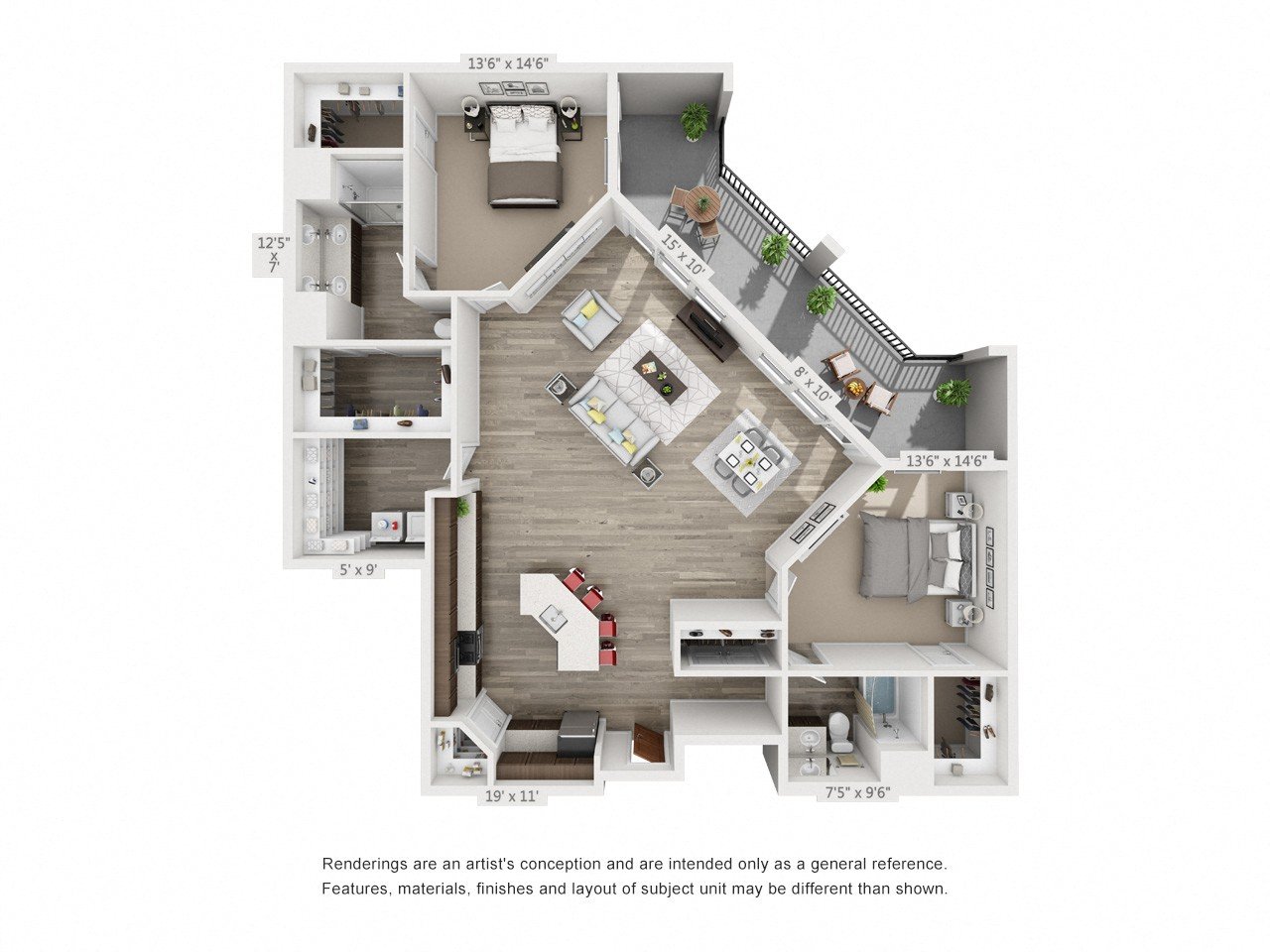Rendering of the Grandeur floor plan with 2 bedroom[s] and 2 bathroom[s] at 4th West